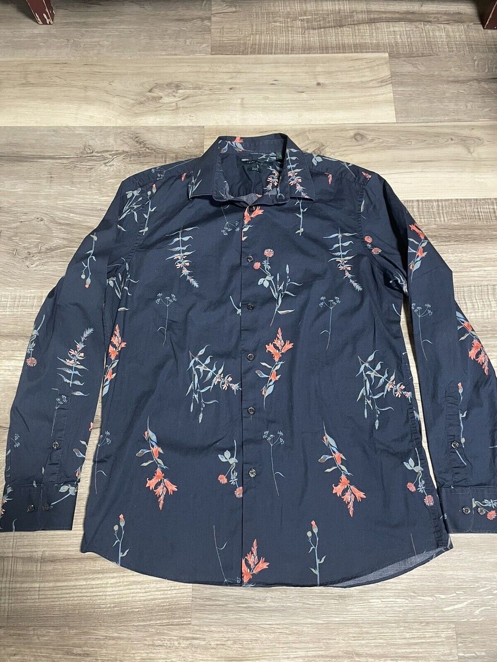 Perry Ellis Mens Poplin Botanical Long Sleeve Slim Fit Button Up Shirt Large